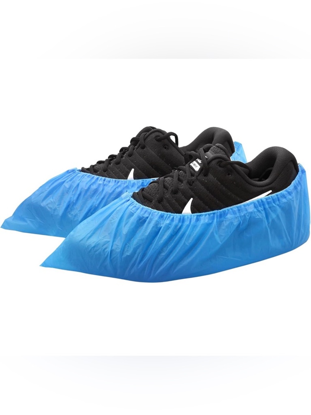 Blue Disposable Shoe Covers over Black Sneakers